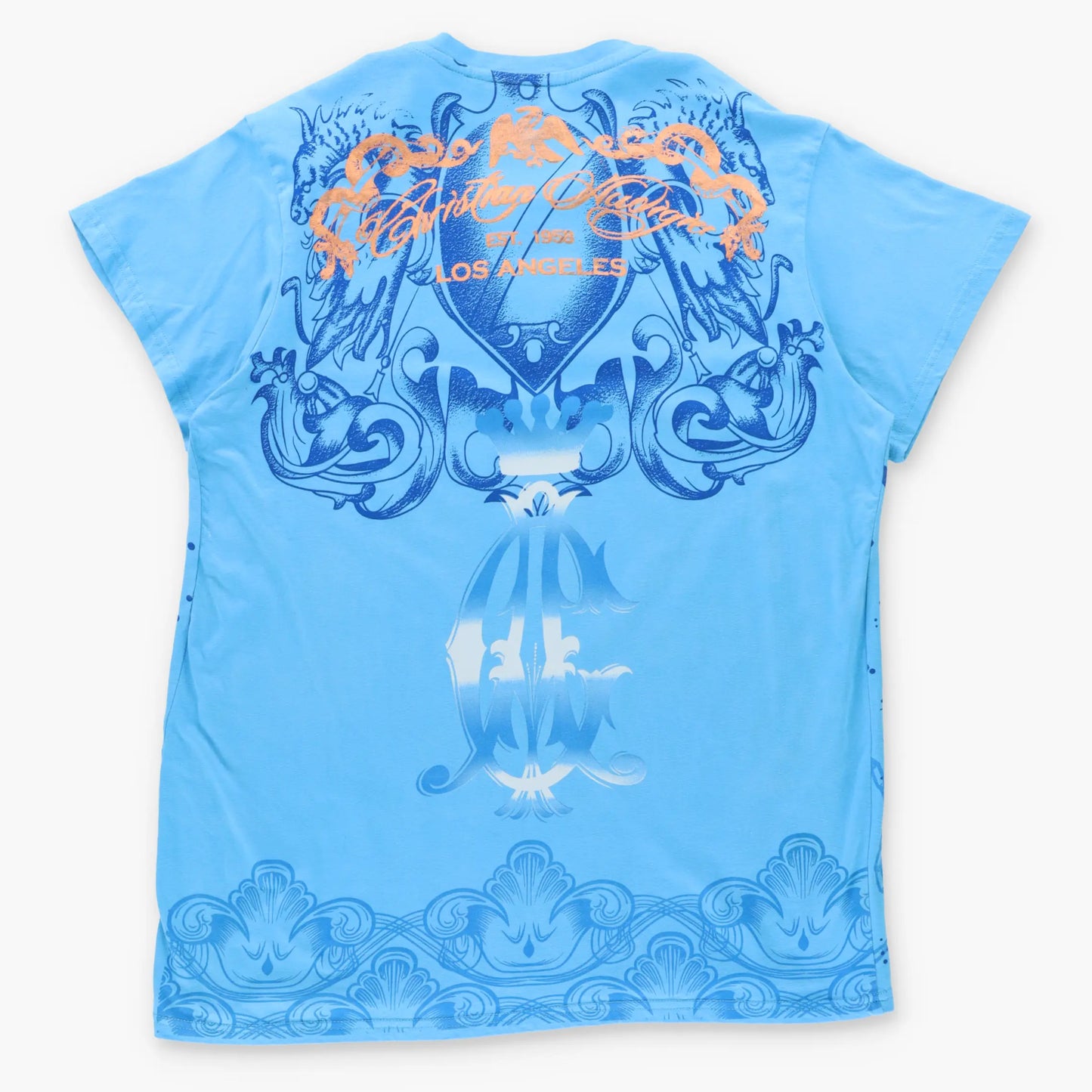 Vintage CHRISTIAN AUDIGIER Embellished Bright Blue & Gold Foil Y2K T-Shirt (XL)