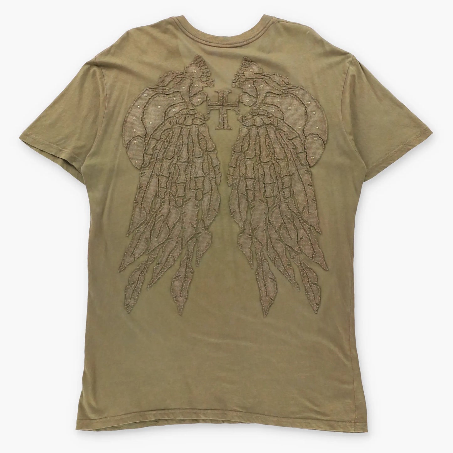 AFFLICTION 'Cut Series' Studded Cross & Wings Patch USA Made Khaki Green V-Neck Y2K Tee (XL TALL)