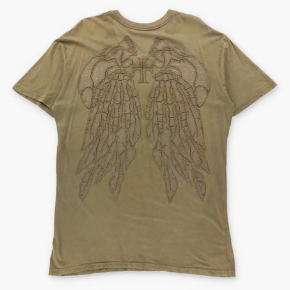 AFFLICTION 'Cut Series' Studded Cross & Wings Patch USA Made Khaki Green V-Neck Y2K Tee (XL TALL)