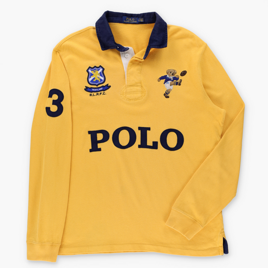 RALPH LAUREN POLO Embroidered Teddy & Flag Scotland Yellow Rugby Jumper (M)
