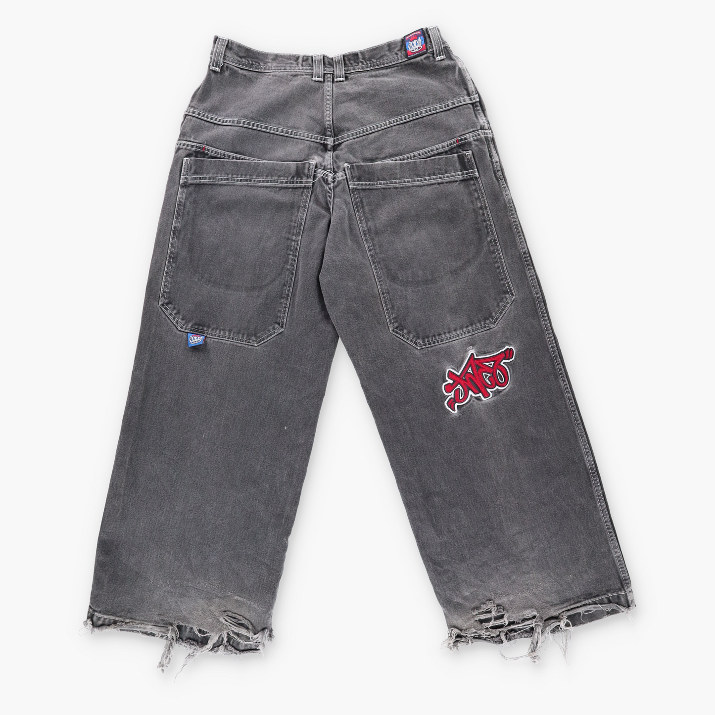 JNCO JEANS Y2K Embroidered Graffiti USA Made Dark Distressed Grey Jeans (36 x 32)