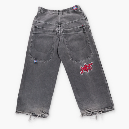 JNCO JEANS Y2K Embroidered Graffiti USA Made Dark Distressed Grey Jeans (36 x 32)