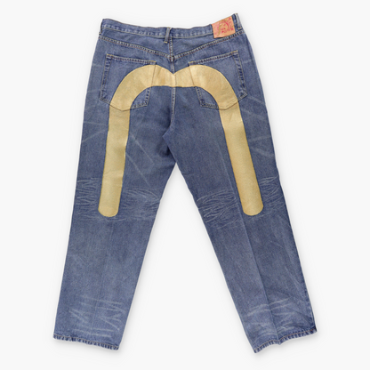 Vintage EVISU Embroidered Big Gold Seagull Logo Blue Jeans (42)