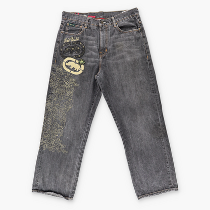 ECKO UNLTD Y2K Embroidered 'Baggy-Fit' Black & Gold Denim Jeans (36)