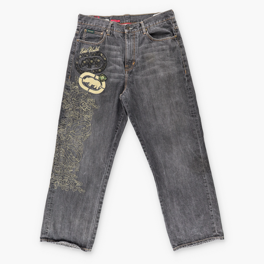 ECKO UNLTD Y2K Embroidered 'Baggy-Fit' Black & Gold Denim Jeans (36)