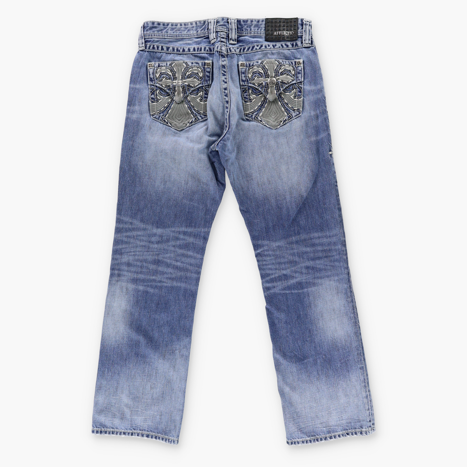 AFFLICTION Y2K Embroidered Cross Grunge Faded Jeans (34) - Vintage Sole Melbourne