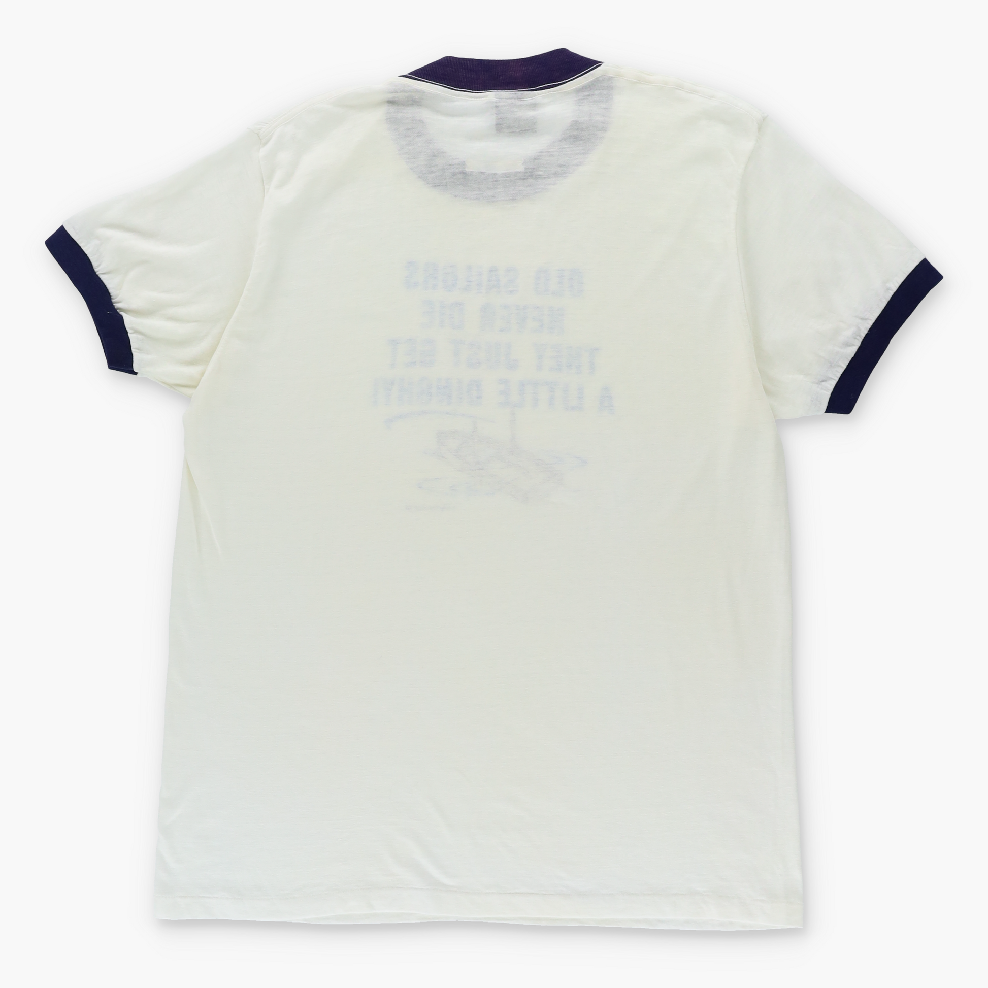 1983 Vintage 'Old Sailors Never Die' Boat Purple & White Ringer T-Shirt (M-L) Vintage Sole Melbourne