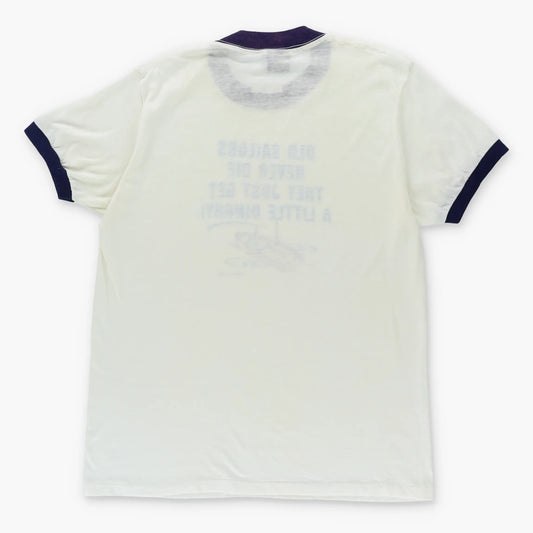 1983 Vintage 'Old Sailors Never Die' Boat Purple & White Ringer T-Shirt (M-L)