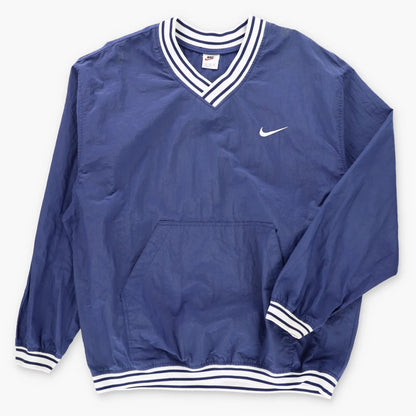 Vintage NIKE Navy & White Embroidered Swoosh Logo Front Pocket V-Neck Windbreaker Pop Over (XXL)