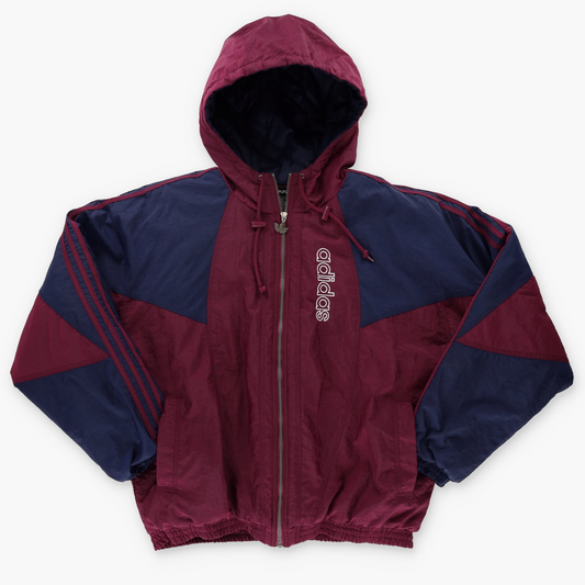 ADIDAS Embroidered Spell Out Logo Maroon & Navy Hooded Windbreaker Jacket (L-XL)