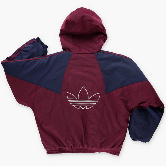 ADIDAS Embroidered Spell Out Logo Maroon & Navy Hooded Windbreaker Jacket (L-XL)