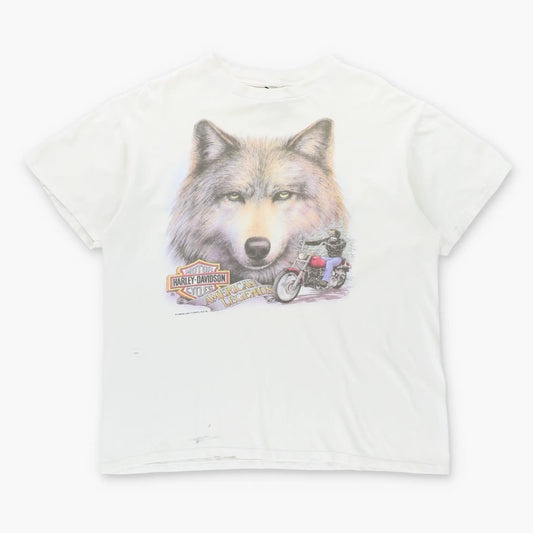Vintage HARLEY DAVIDSON Las Vegas "American Legends" Wolf & Motorcycle Distressed Single Stitch Tee USA Made (XL) ***COCO Vintage Sole Melbourne