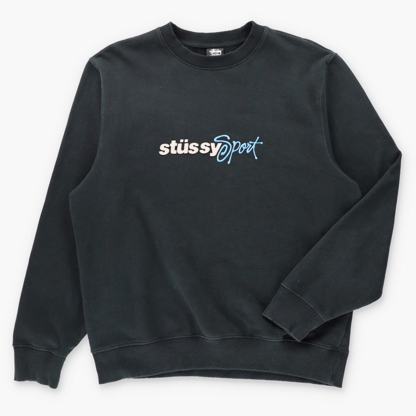 Vintage STUSSY Sport Black & Blue Embroidered Spell Out Logo Sweatshirt (L) ***COCO Vintage Sole Melbourne