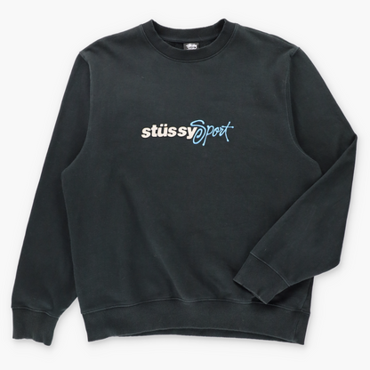 Vintage STUSSY Sport Black & Blue Embroidered Spell Out Logo Sweatshirt (L) ***COCO Vintage Sole Melbourne