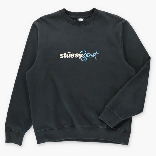 Vintage STUSSY Sport Black & Blue Embroidered Spell Out Logo Sweatshirt (L) ***COCO Vintage Sole Melbourne