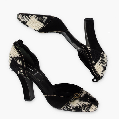 MIU MIU Tweed Suede Buckle Black & White Peep Toe Heels (38.5)