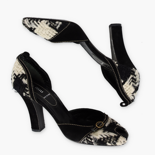 MIU MIU Tweed Suede Buckle Black & White Peep Toe Heels (38.5)
