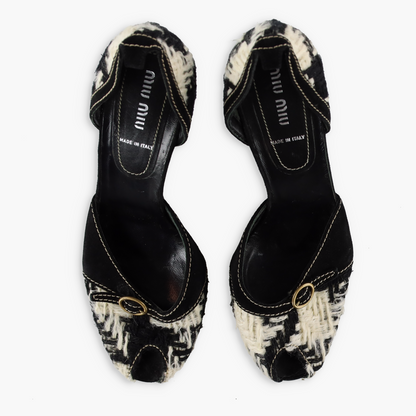 MIU MIU Tweed Suede Buckle Black & White Peep Toe Heels (38.5)