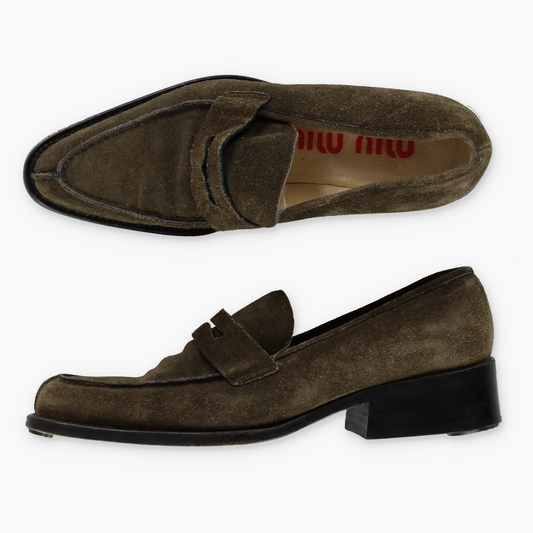 MIU MIU Khaki Suede Pointed Toe Coin Loafers (36.5)