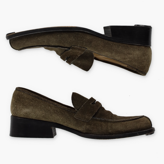 MIU MIU Khaki Suede Pointed Toe Coin Loafers (36.5)