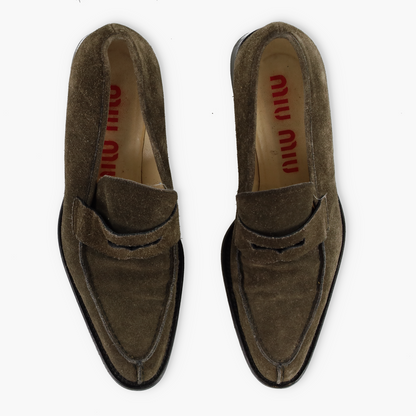 MIU MIU Khaki Suede Pointed Toe Coin Loafers (36.5)