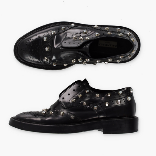 BALENCIAGA Studded Wing-Tip Black Derby Loafer (37.5)