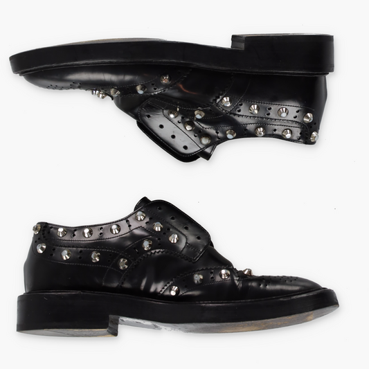 BALENCIAGA Studded Wing-Tip Black Derby Loafer (37.5)