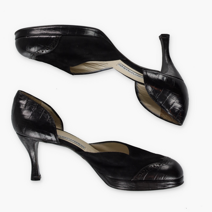 EMPORIO ARMANI  Suede & Croc Italy Made Black Round Toe Heels (39)