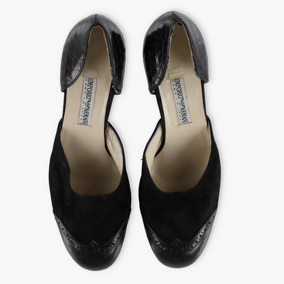 EMPORIO ARMANI  Suede & Croc Italy Made Black Round Toe Heels (39)