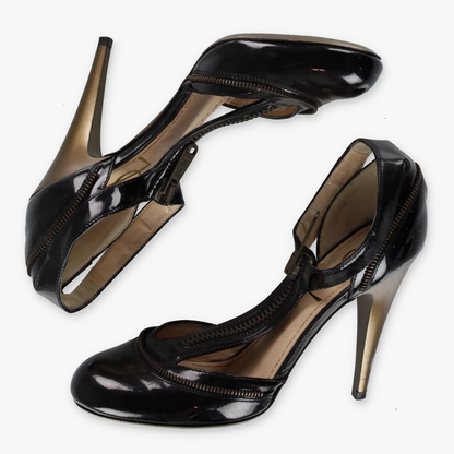 YVES SAINT LAURENT Patent Zip Black & Gold Italy Made Heels (36)