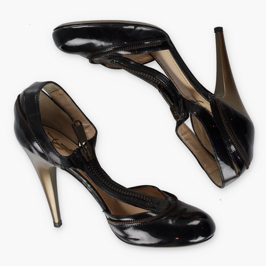 YVES SAINT LAURENT Patent Zip Black & Gold Italy Made Heels (36)