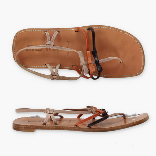 MIU MIU Three-Bow Patent Italy Made Tan Sandal (38.5)