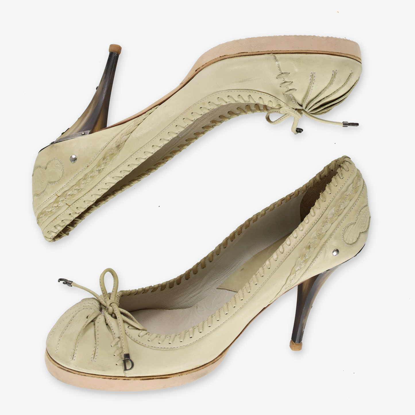 DIOR Beige Whip Stitch Bow Beige Tortoise Heels (39)