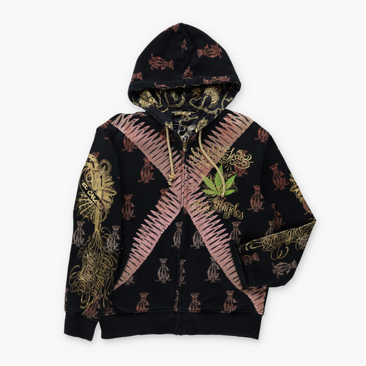 CHRISTIAN AUDIGIER Marijuana Leaf & Gold Metallic Detail Reversible Full Zip Hoodie Sweatshirt (M-L)