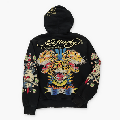 ED HARDY x CHRISTIAN AUDIGIER 'Do Or Die' Embroidered & Velvet Patches Reversible Full Zip Hoodie Sweatshirt (L)