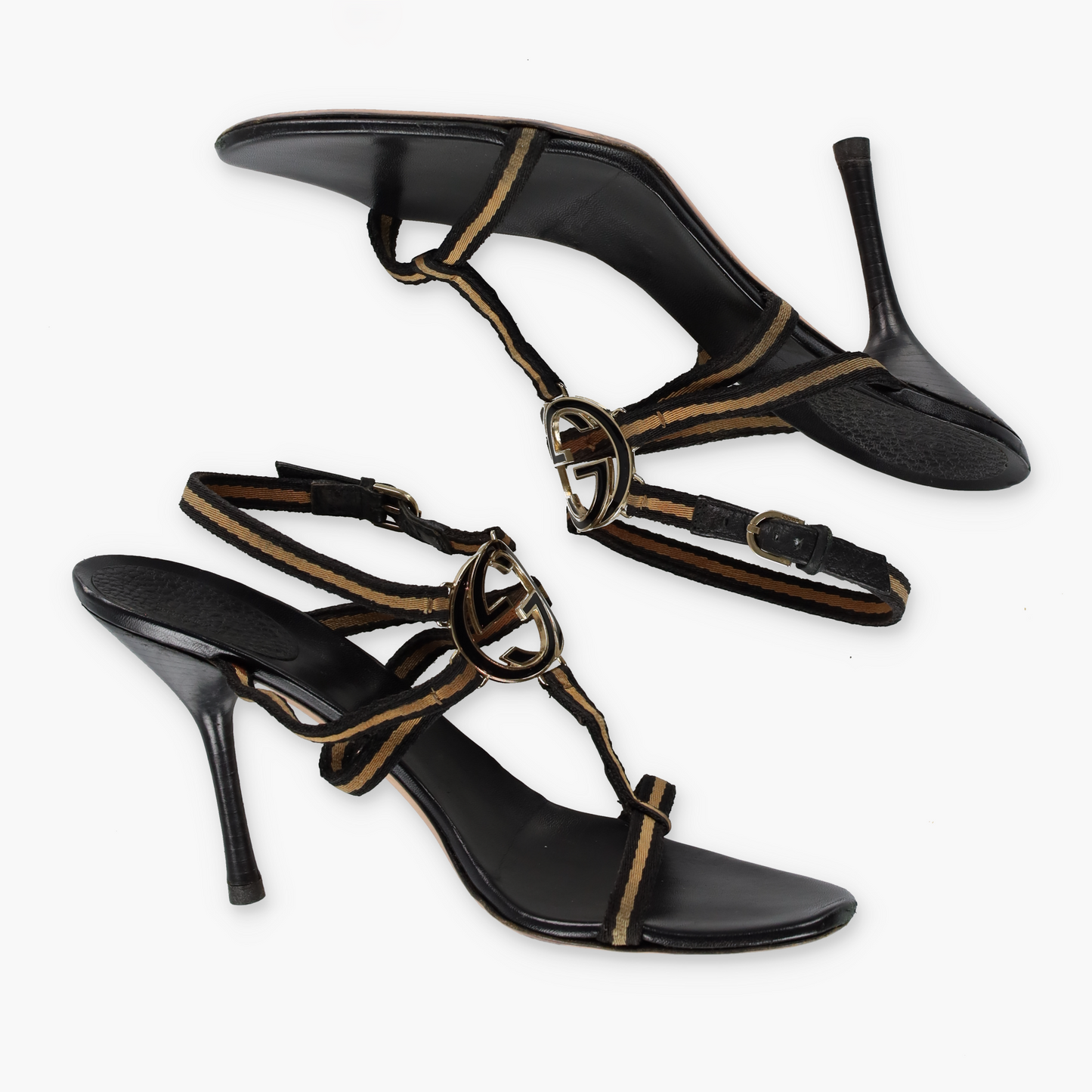 GUCCI Beige & Black Italian Made Gold GG Logo Strappy Sandal Heels (10)
