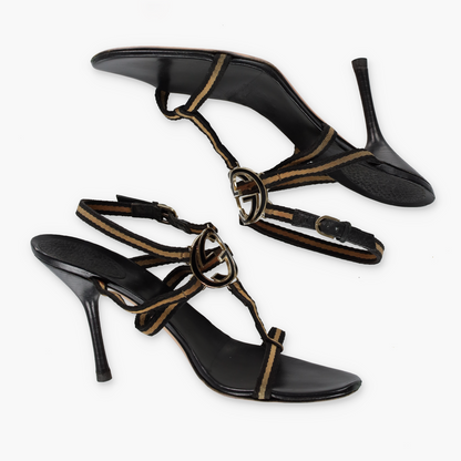 GUCCI Beige & Black Italian Made Gold GG Logo Strappy Sandal Heels (10)