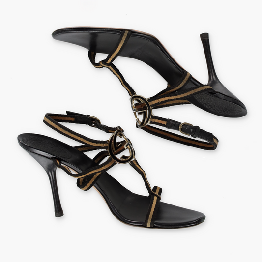 GUCCI Beige & Black Italian Made Gold GG Logo Strappy Sandal Heels (10)