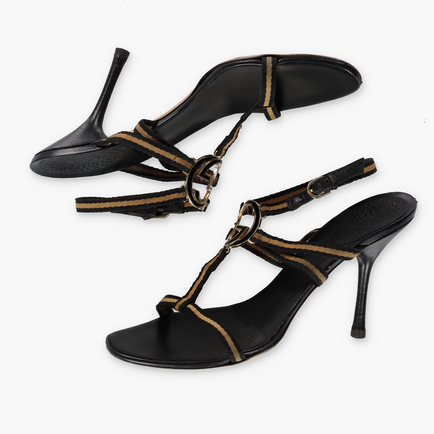 GUCCI Beige & Black Italian Made Gold GG Logo Strappy Sandal Heels (10)