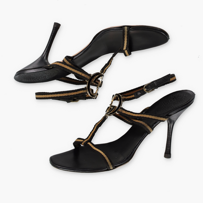 GUCCI Beige & Black Italian Made Gold GG Logo Strappy Sandal Heels (10)