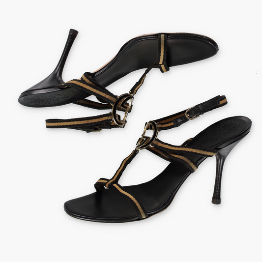 GUCCI Beige & Black Italian Made Gold GG Logo Strappy Sandal Heels (10)