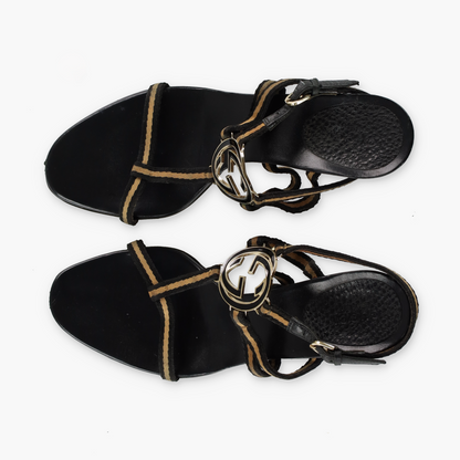 GUCCI Beige & Black Italian Made Gold GG Logo Strappy Sandal Heels (10)