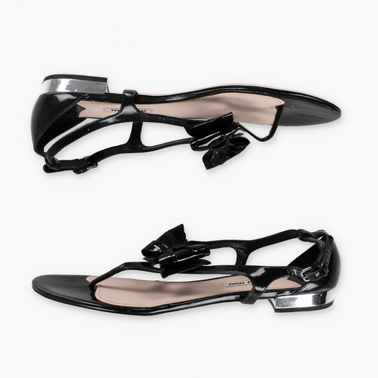 MIU MIU Black Patent Leather Bow Adjustable Buckle Strap T-Bar Sandals (40)