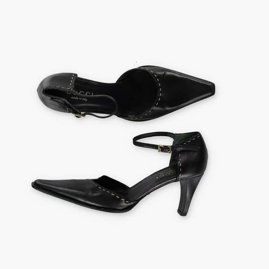 GUCCI Vintage Black Leather Stitched Pumps Heels (7.5)