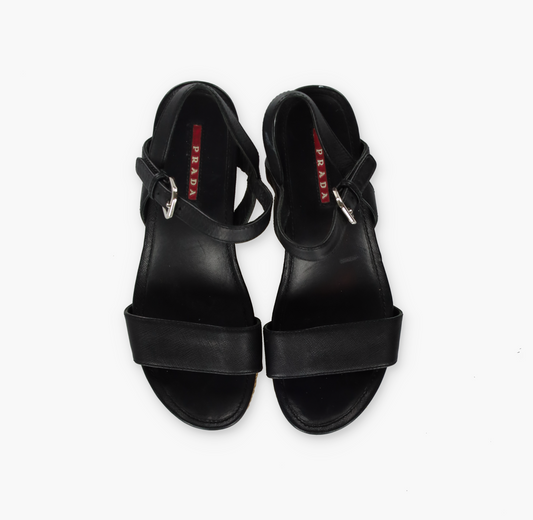 PRADA Strappy Black Patent Leather Espadrille Wedges (37)