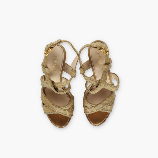PRADA Strappy Stitch Braided Tan Platform High Heels (36.5)