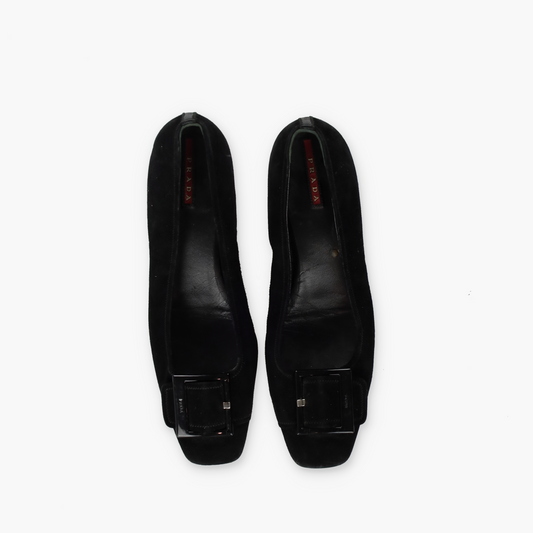 PRADA Large Buckle Detail Suede Low Kitten Heel (38.5)