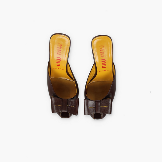 MIU MIU Vintage Brown Leather Bow Mule Heels (37)