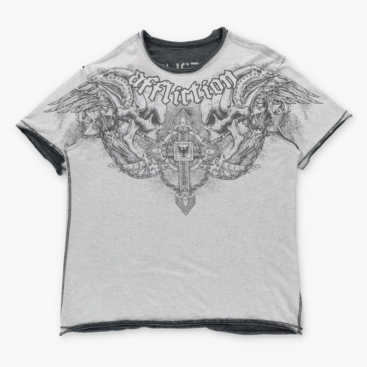 Vintage AFFLICTION Reversible Grey Chain & Cog Skulls Y2K T-Shirt (XXXL)