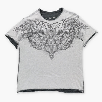 Vintage AFFLICTION Reversible Grey Chain & Cog Skulls Y2K T-Shirt (XXXL)